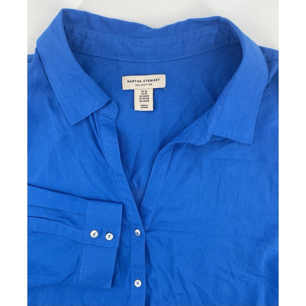 Martha Stewart Button Down Women 3X Blue Linen Blend Roll Tab Mixed Media Shirt